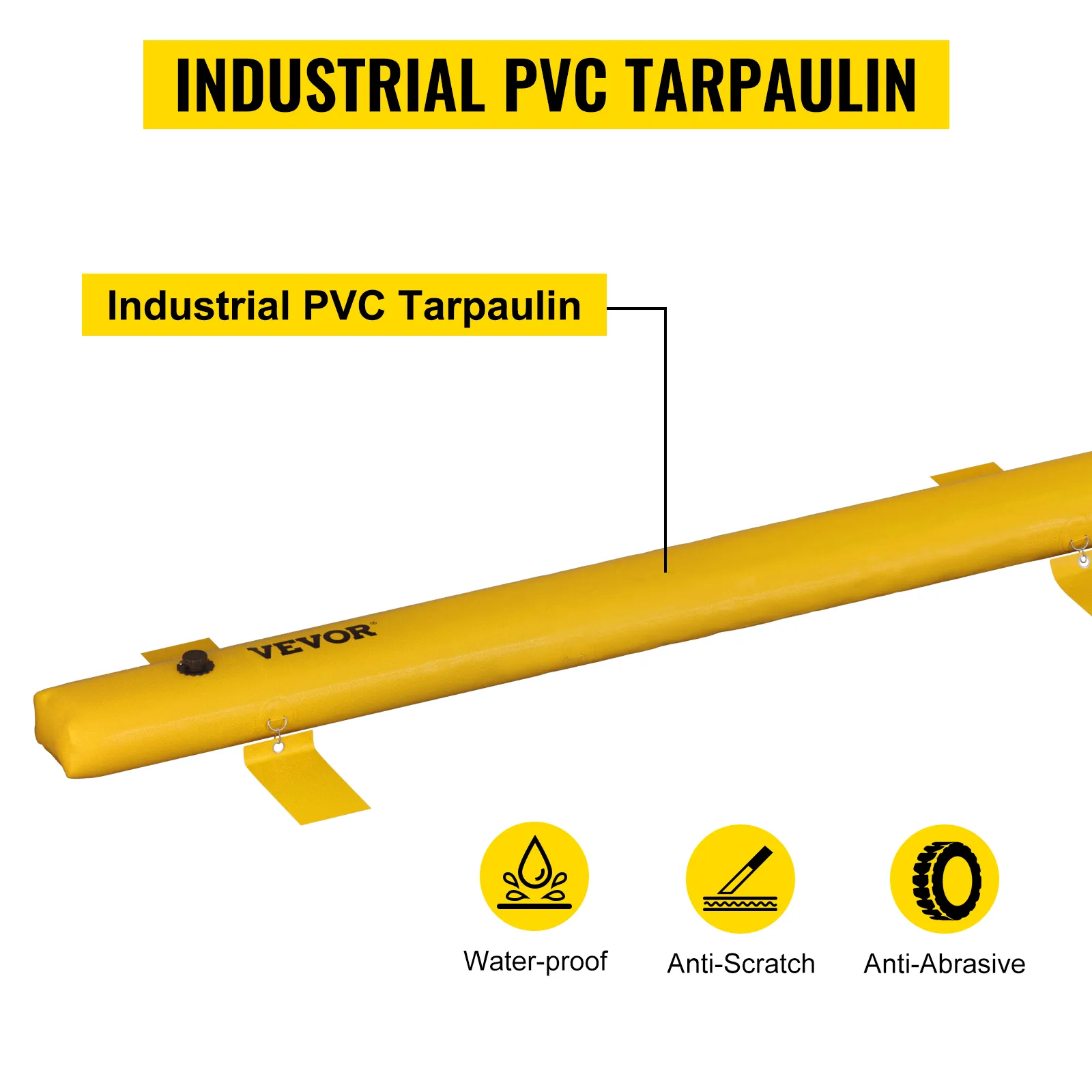 VEVOR flood barrier in yellow industrial pvc tarpaulin; waterproof, anti-scratch, anti-abrasive.