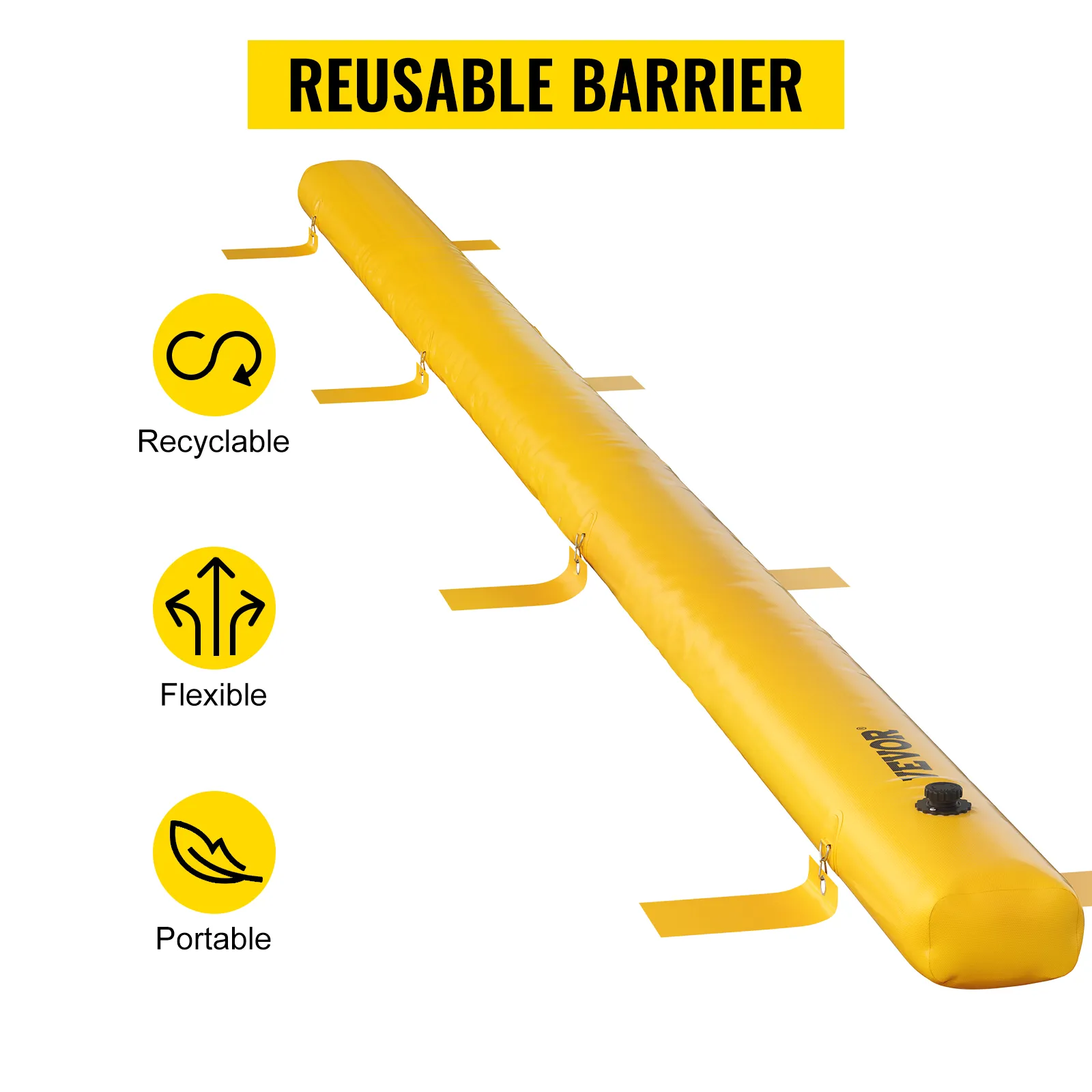 VEVOR flood barrier: recyclable, flexible, and portable yellow flood barrier with attachment straps.