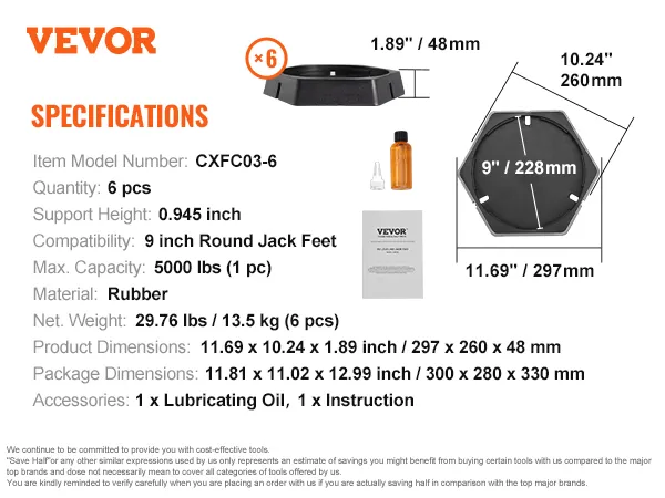 Supporti livellanti per camper VEVOR: sei supporti in gomma, altezza 1,89", capacità 5000 libbre ciascuno, include olio e istruzioni.