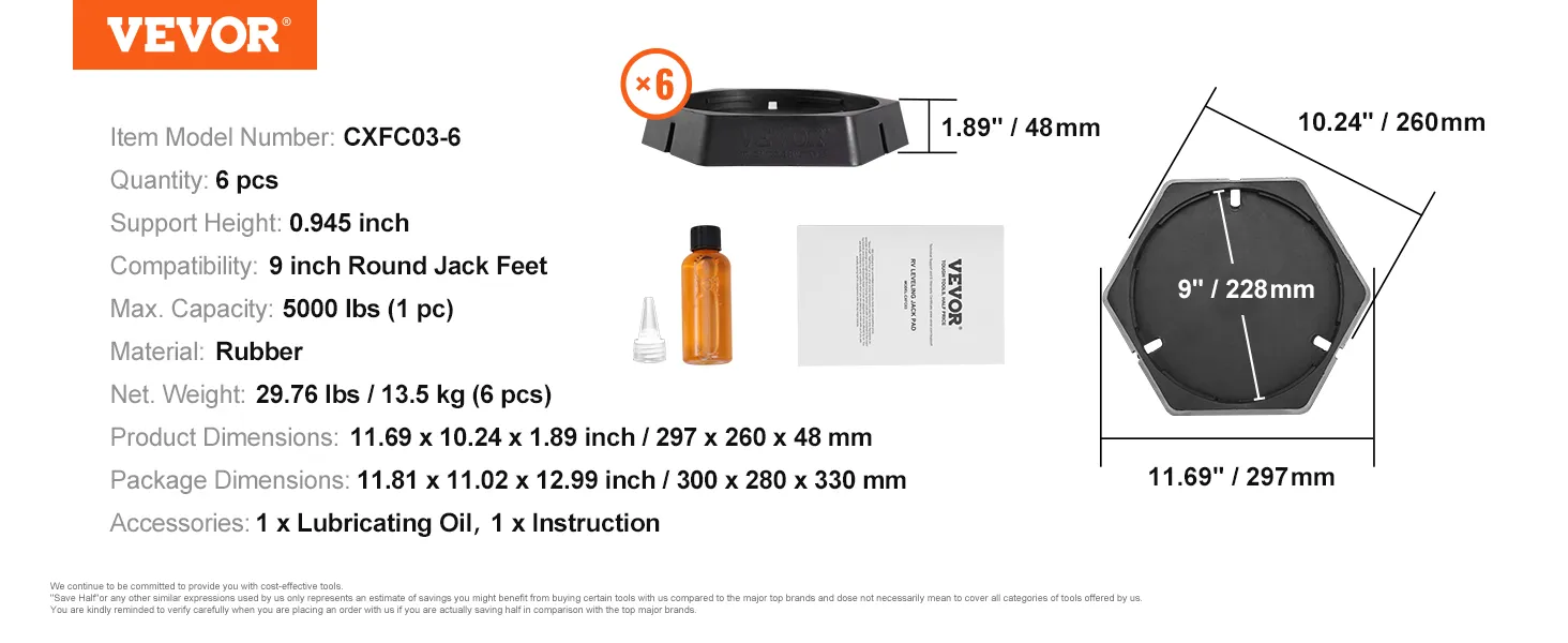 Supporti livellanti per camper VEVOR: sei supporti in gomma, altezza 1,89", capacità 5000 libbre ciascuno, include olio e istruzioni.