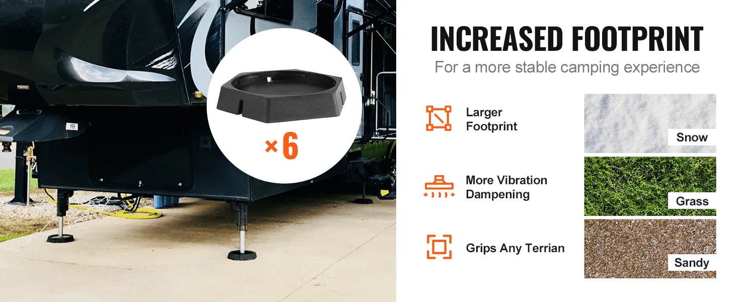 Il set da 6 cuscinetti livellanti per camper VEVOR migliora la stabilità su terreni innevati, erbosi e sabbiosi.