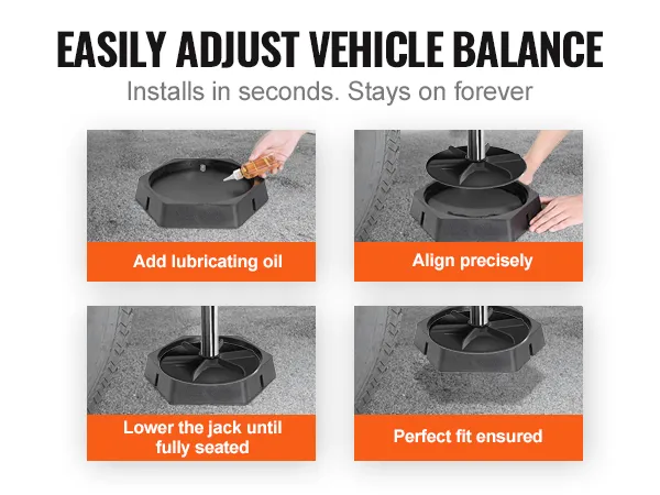 Fasi di installazione dei cuscinetti livellanti per camper VEVOR: aggiungere olio, allineare, abbassare il martinetto, verificare la perfetta aderenza.