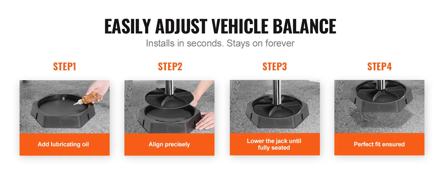 Fasi di installazione dei cuscinetti livellanti per camper VEVOR: aggiungere olio, allineare, abbassare il martinetto, verificare la perfetta aderenza.