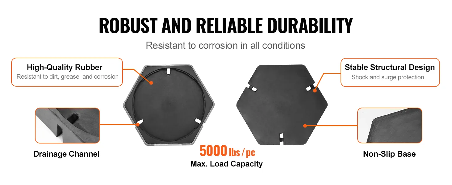 VEVOR rv leveling pads features non-slip base, high-quality rubber, and 5000 lbs load capacity.