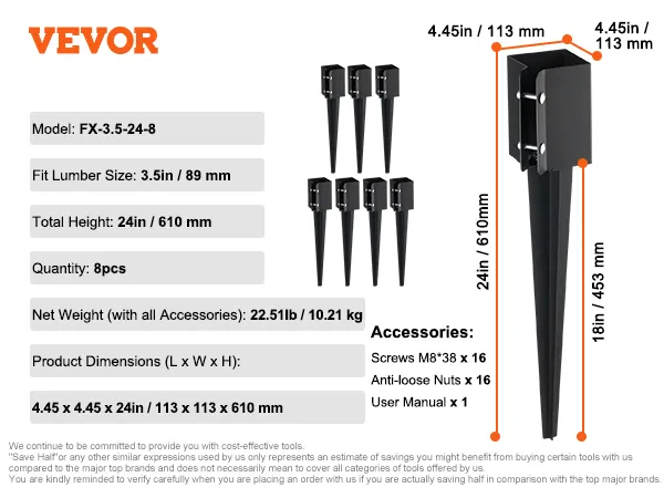 Anclaje para postes de cerca VEVOR fx-3.5-24-8, altura de 24 pulgadas, se adapta a madera de 3,5 pulgadas, incluye tornillos y tuercas, juego de 8 piezas.