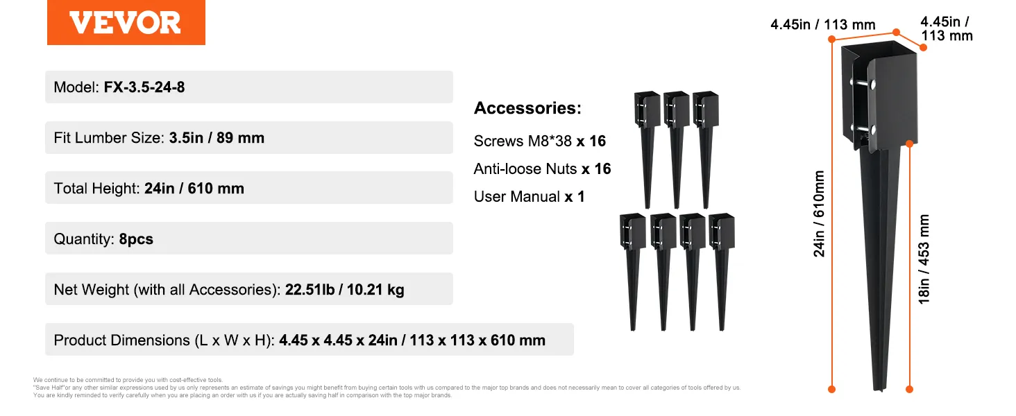 Anclaje para postes de cerca VEVOR fx-3.5-24-8, altura de 24 pulgadas, se adapta a madera de 3,5 pulgadas, incluye tornillos y tuercas, juego de 8 piezas.