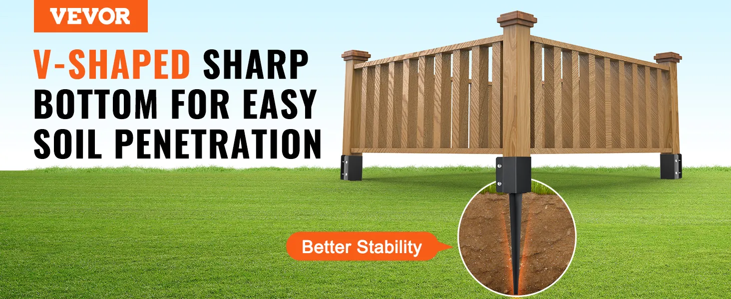Anclaje para postes de cerca VEVOR con fondo en forma de V para una fácil penetración en el suelo y una mejor estabilidad.