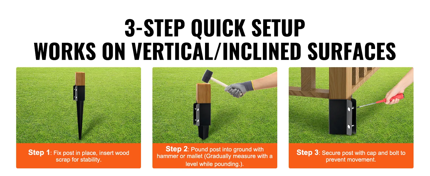 Configuración de 3 pasos para el anclaje de postes de cerca VEVOR sobre césped: colocar, clavar y asegurar con pernos.
