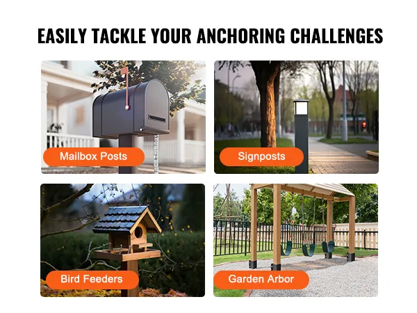 buzón, poste indicador, comedero para pájaros y cenador de jardín anclados con anclaje para postes de cerca VEVOR.