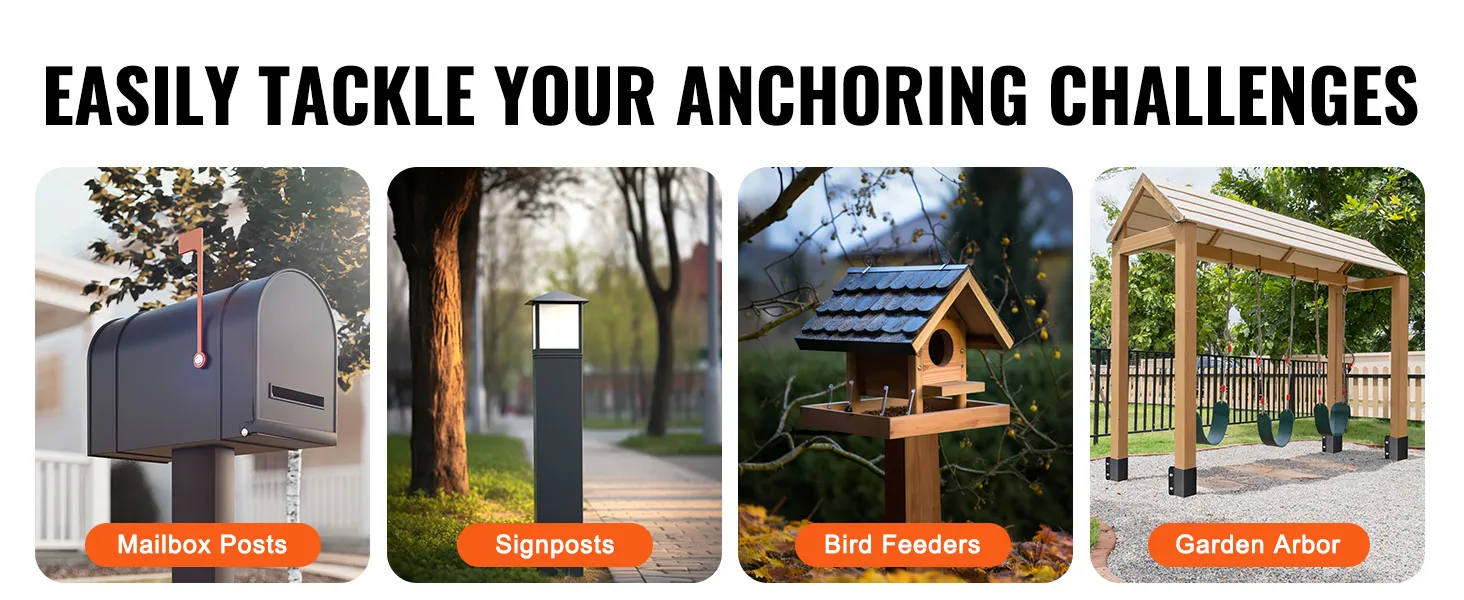 buzón, poste indicador, comedero para pájaros y cenador de jardín anclados con anclaje para postes de cerca VEVOR.