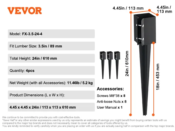 VEVOR hekpaalanker model fx-3.5-24-4, geschikt voor 3,5 inch hout, 24 inch totale hoogte, 4 stuks, gewicht 11,46 lb.