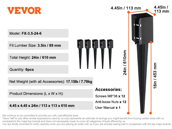 VEVOR fence post anchor dimensions and specifications: total height 24in, fit lumber size 3.5in, set of 6.