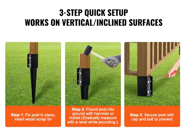 3-step setup for VEVOR fence post anchor, including ground pounding and securing with bolts.