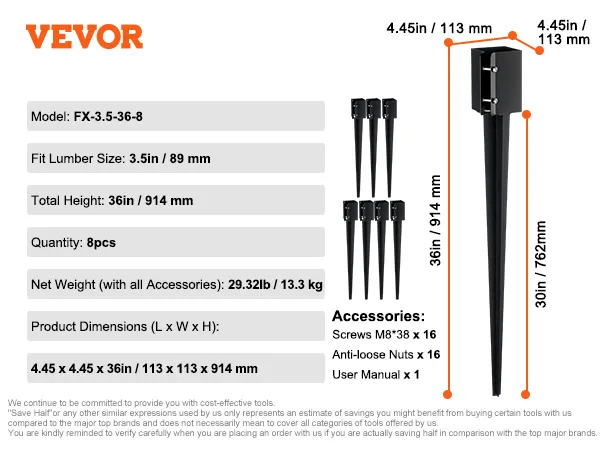 Anclaje para postes de cerca VEVOR, modelo fx-3.5-36-8, altura de 36 pulgadas, se adapta a madera de 3,5 pulgadas, 8 piezas, con tornillos y tuercas.