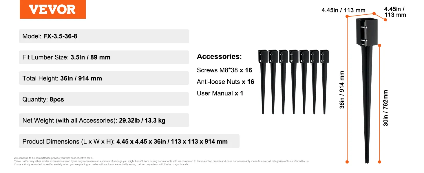 Anclaje para postes de cerca VEVOR, modelo fx-3.5-36-8, altura de 36 pulgadas, se adapta a madera de 3,5 pulgadas, 8 piezas, con tornillos y tuercas.
