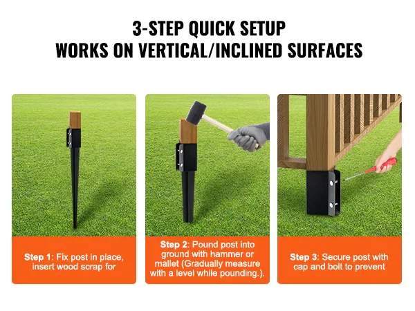 Configuración de 3 pasos para instalar el anclaje para postes de cerca VEVOR en el césped con un martillo, trozos de madera y un destornillador.