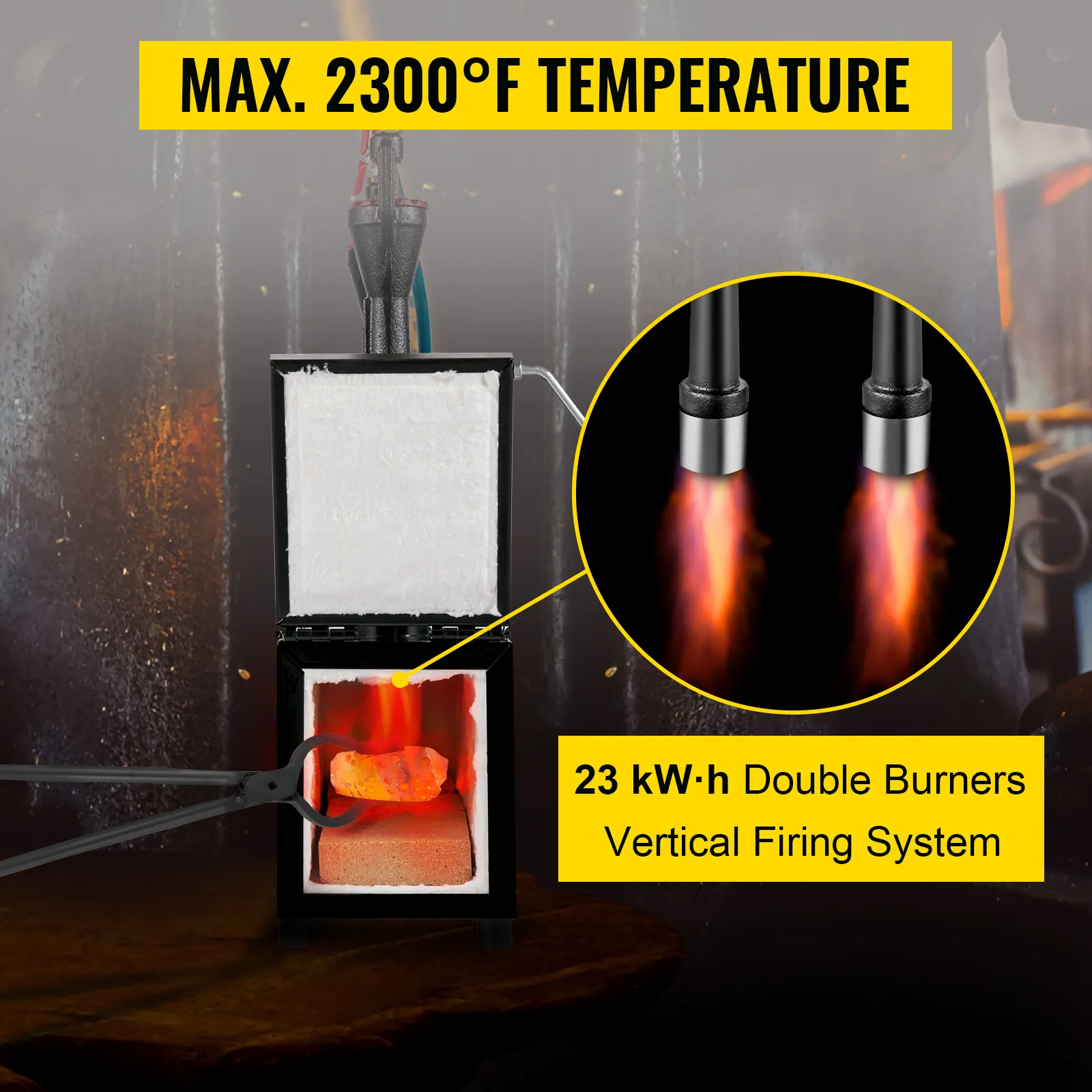 Horno de herrador VEVOR con temperatura máxima de 2300°f, quemadores dobles de 23 kw·h y sistema de encendido vertical.