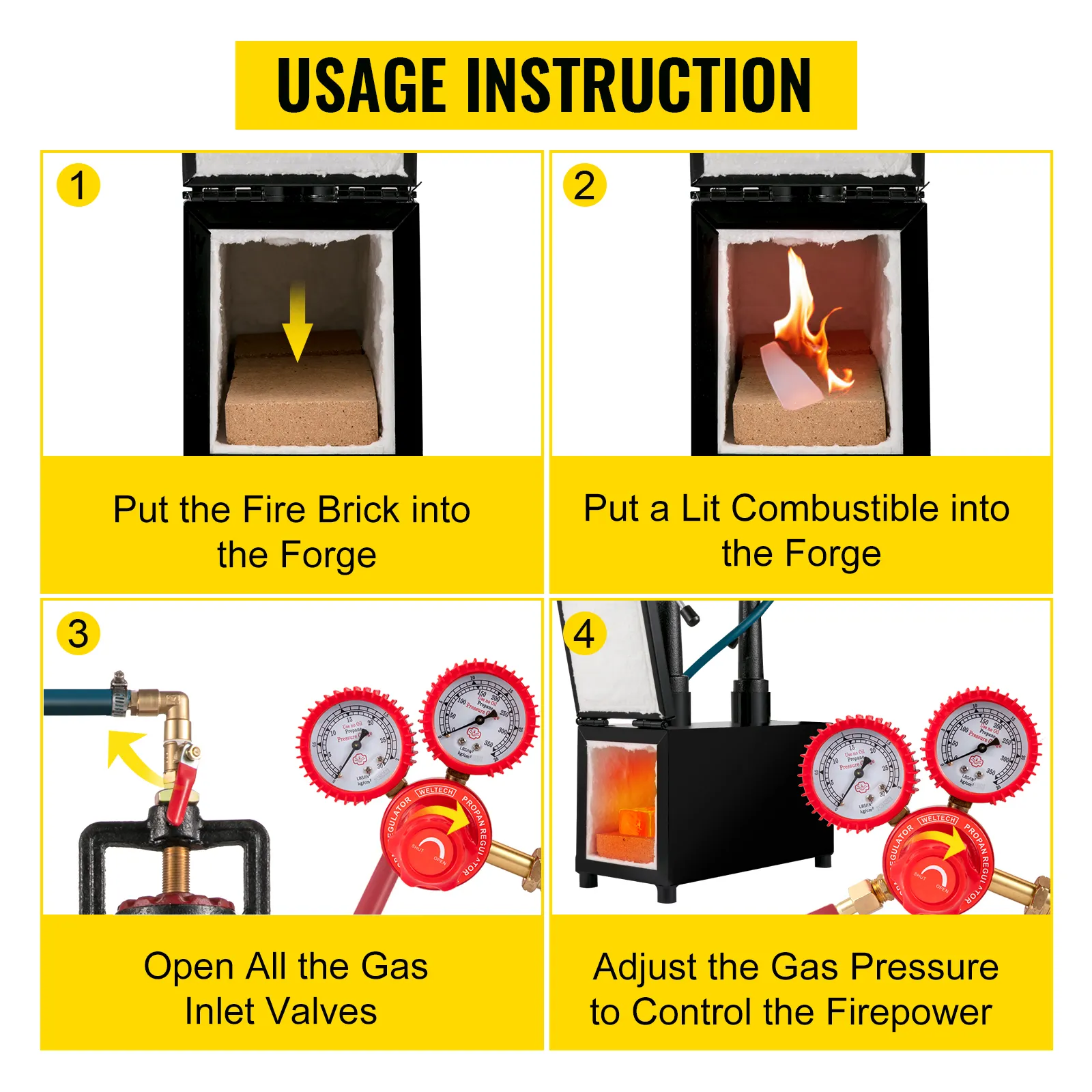 Instrucciones de uso del horno de herrador VEVOR: inserte el ladrillo refractario, agregue el combustible encendido, abra las válvulas de gas, ajuste la presión.
