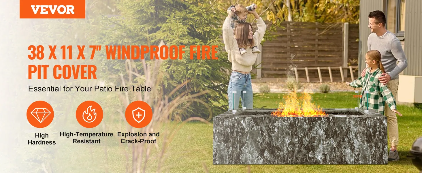 VEVOR fire pit wind guard protecting fire table with family enjoying outdoor time.