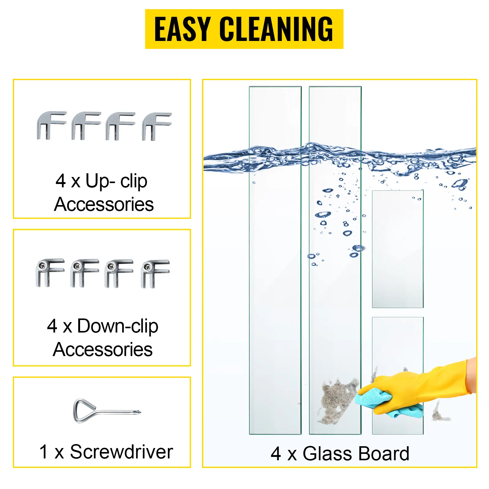VEVOR fire pit wind guard cleaning process; includes clips, screwdriver, and glass boards.