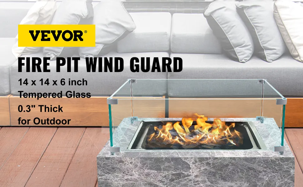 VEVOR fire pit wind guard with tempered glass, perfect for outdoor 14x14x6 inch use.