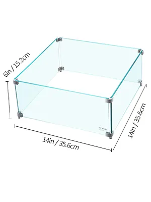 VEVOR fire pit wind guard, glass square, 14in x 14in x 6in dimensions.