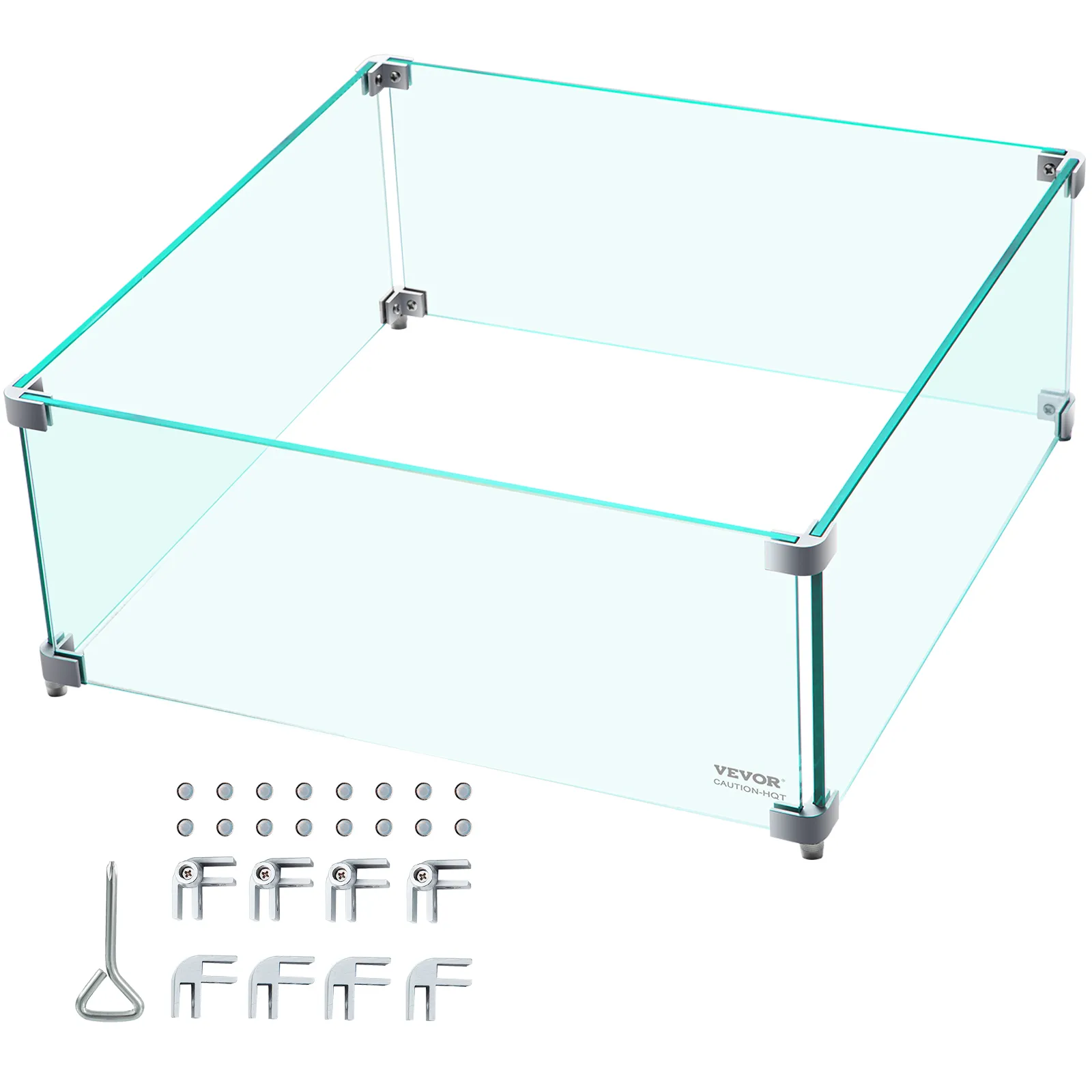 VEVOR fire pit wind guard with glass panels, metal clamps, and assembly hardware.