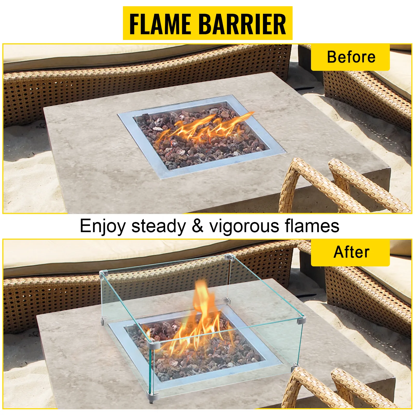 VEVOR fire pit wind guard provides steady flames with clear glass panels.