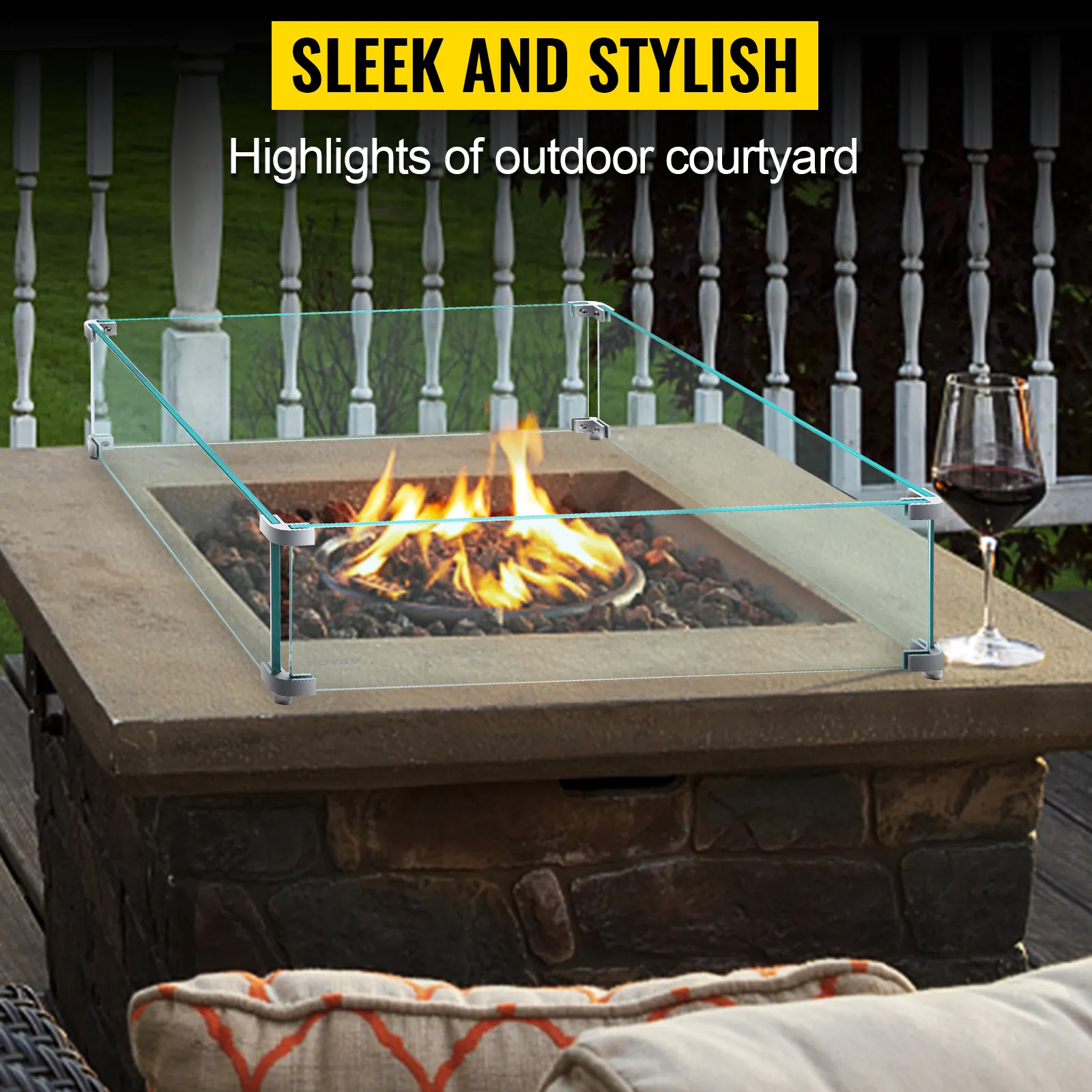 VEVOR fire pit wind guard showcasing a stylish outdoor courtyard setup.