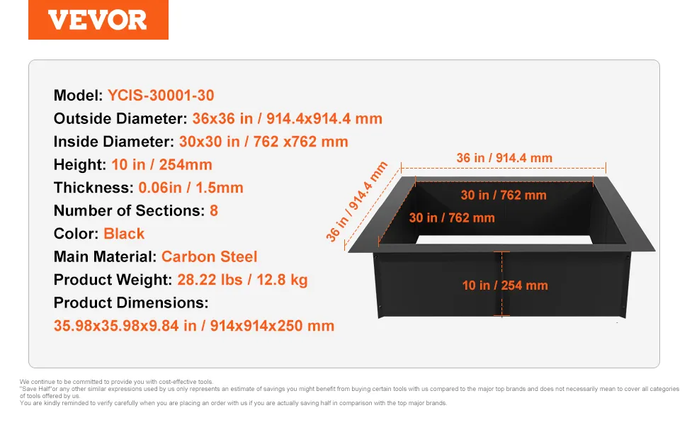 VEVOR fire pit ring specs: black carbon steel, 36x36 in, 10 in height, 1.5mm thickness, 28.22 lbs.