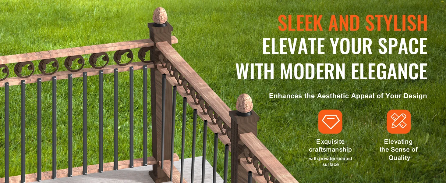 sleek VEVOR staircase metal balusters on a wooden railing, enhancing modern elegance and aesthetic appeal.