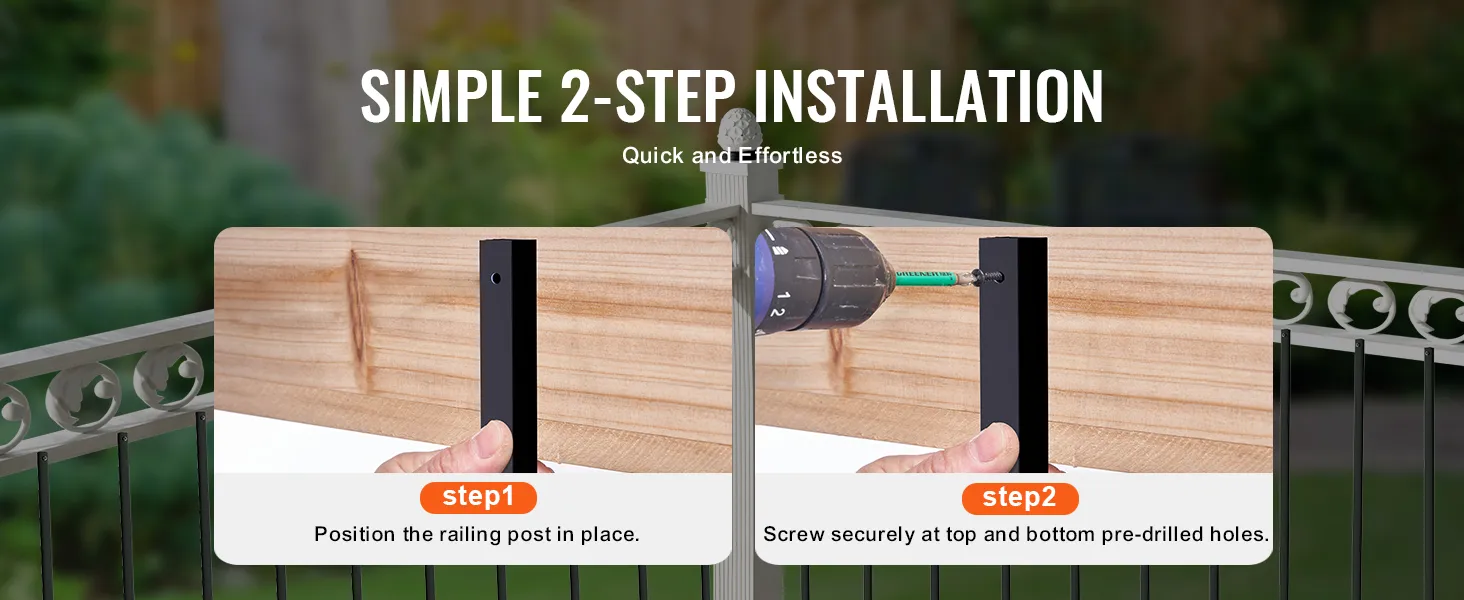 simple 2-step installation of VEVOR staircase metal balusters showing placement and securing with screws.