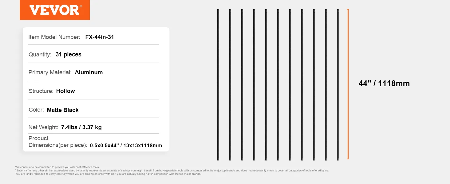 VEVOR metal balusters, matte black, aluminum, hollow, 44" tall, 31 pieces, 0.5x0.5x44 inches.