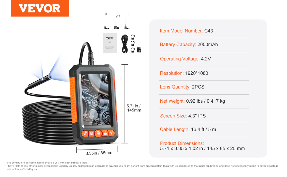 VEVOR Endoskopkamera 15m - 4.3" Bildschirm, Wasserdicht IP67, Für Auto & Sanitär