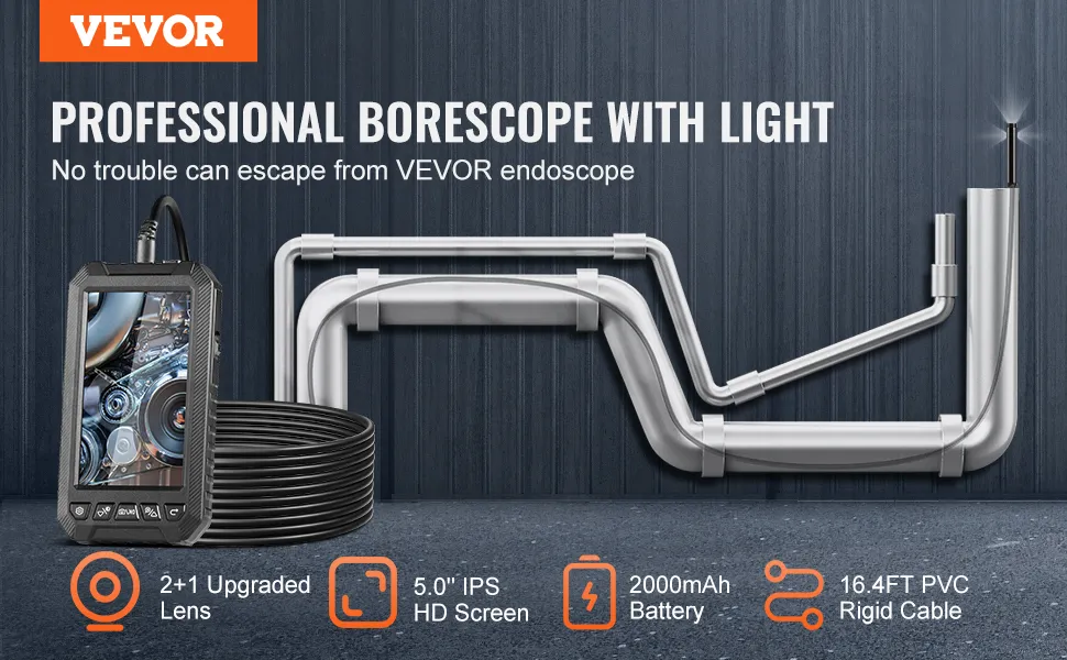VEVOR Endoscope Camera with Lights Triple Lens Borescope 16.4FT Cable 5" Screen