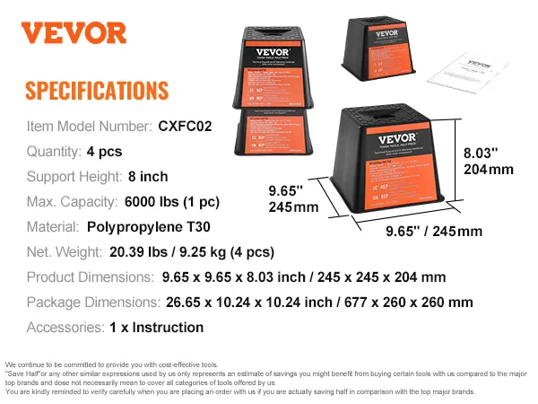 VEVOR trailer jack block specifications, 6000 lbs capacity, polypropylene material, 8 inch support height.