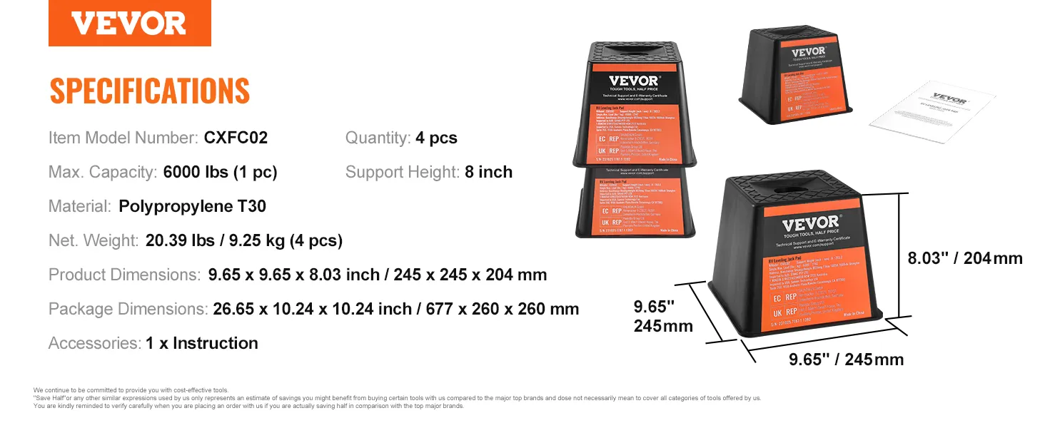 VEVOR trailer jack block specifications, 6000 lbs capacity, polypropylene material, 8 inch support height.