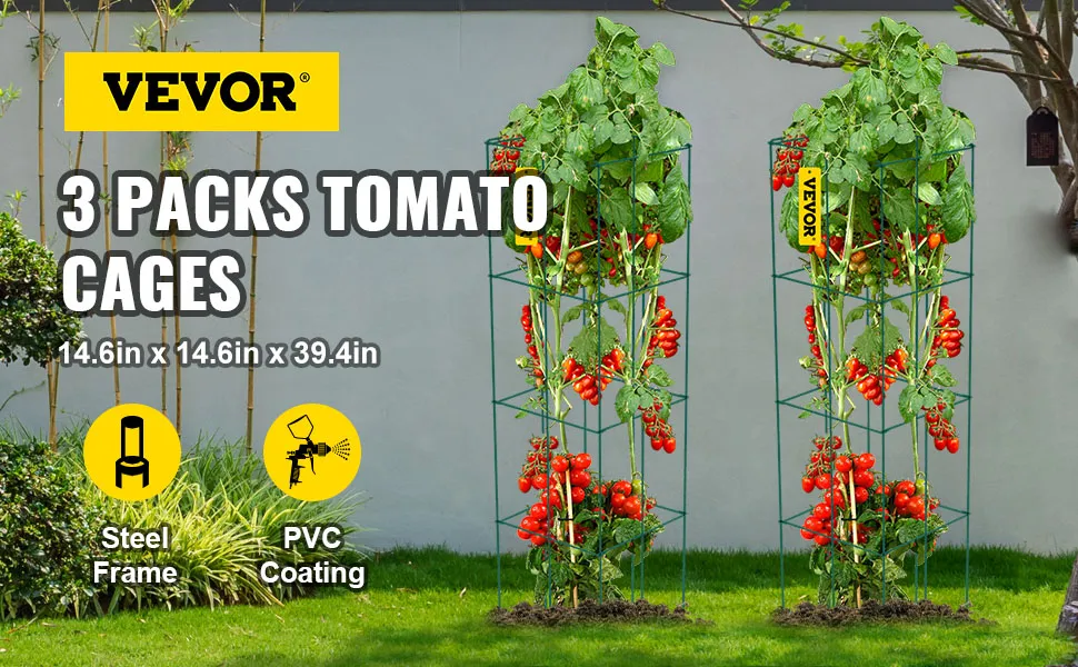 VEVOR tomato cages: 3 packs with steel frame and pvc coating, supporting lush tomatoes.