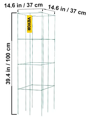 VEVOR tomato cages, 39.4 in tall, 14.6 in wide metal frame.