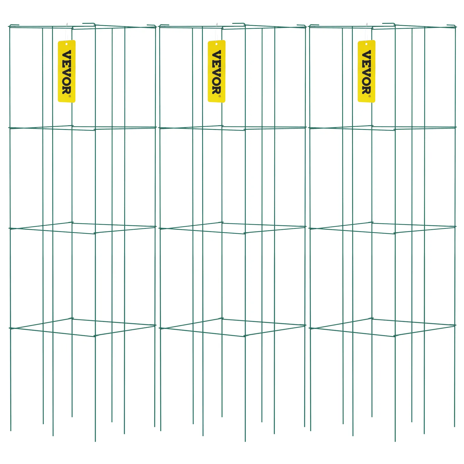 three green VEVOR tomato cages with yellow VEVOR tags.
