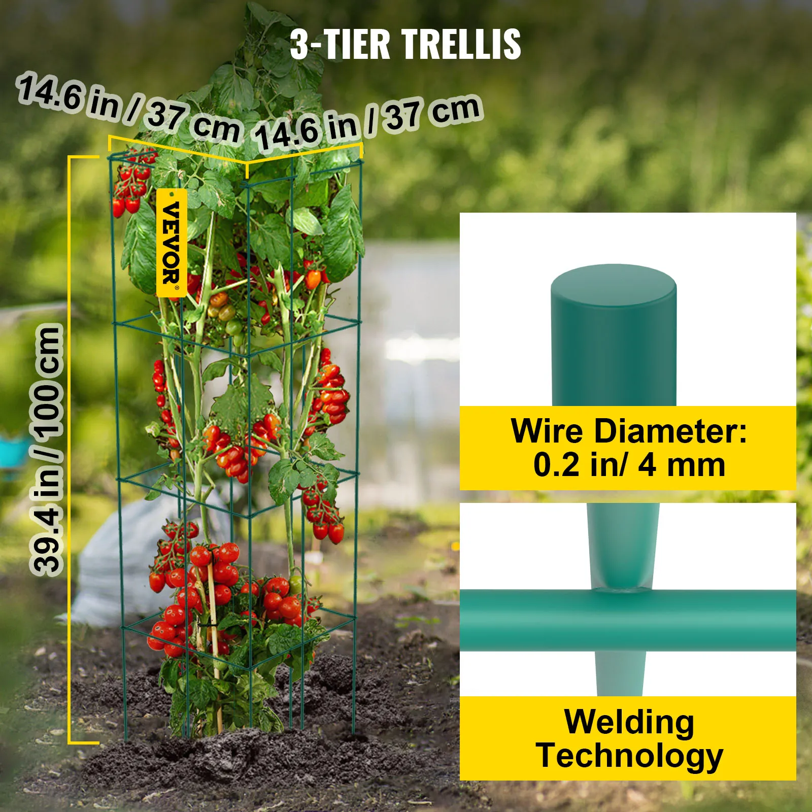 VEVOR tomato cages 3-tier trellis with wire diameter and welding details.