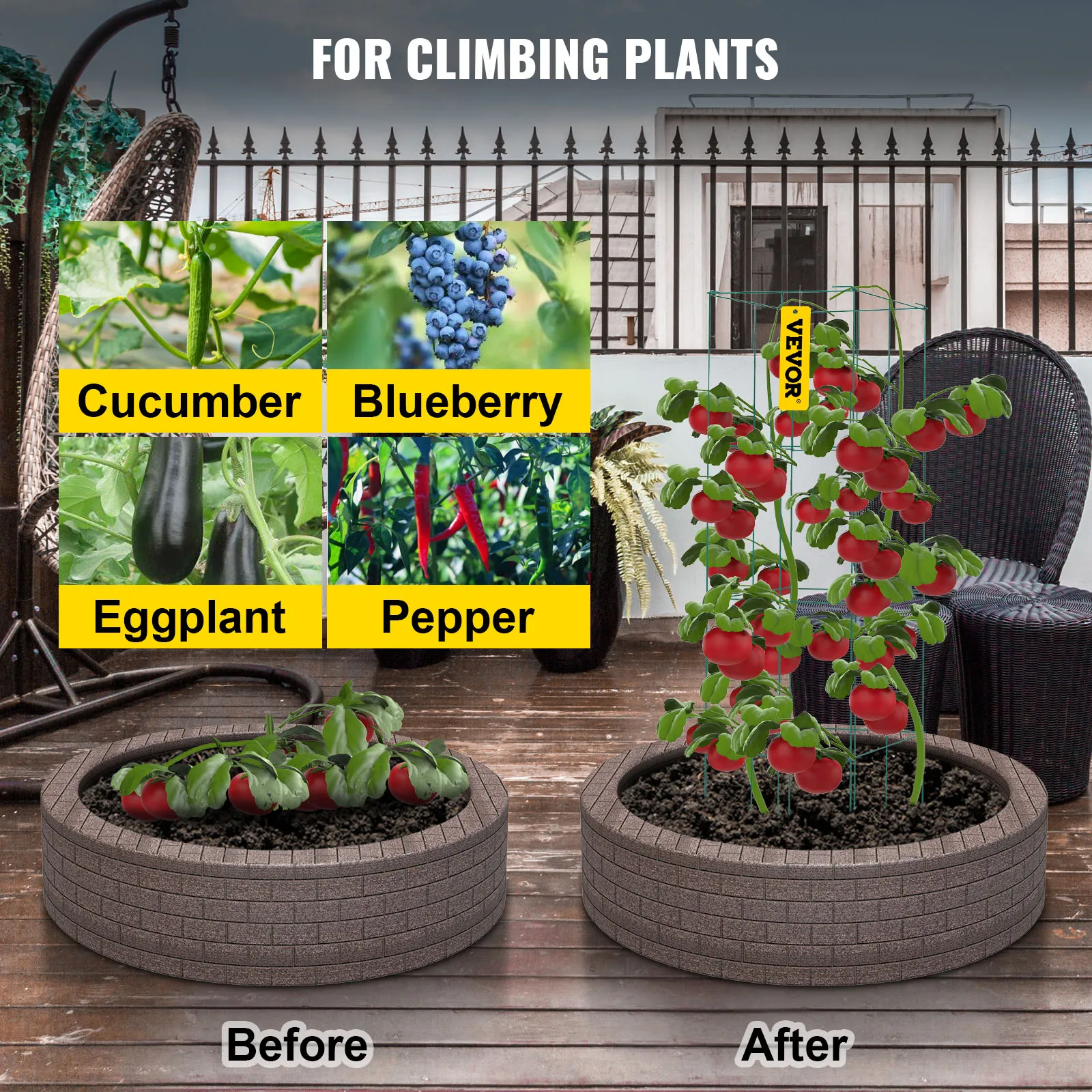 VEVOR tomato cages showing plant growth before and after in tire planters.