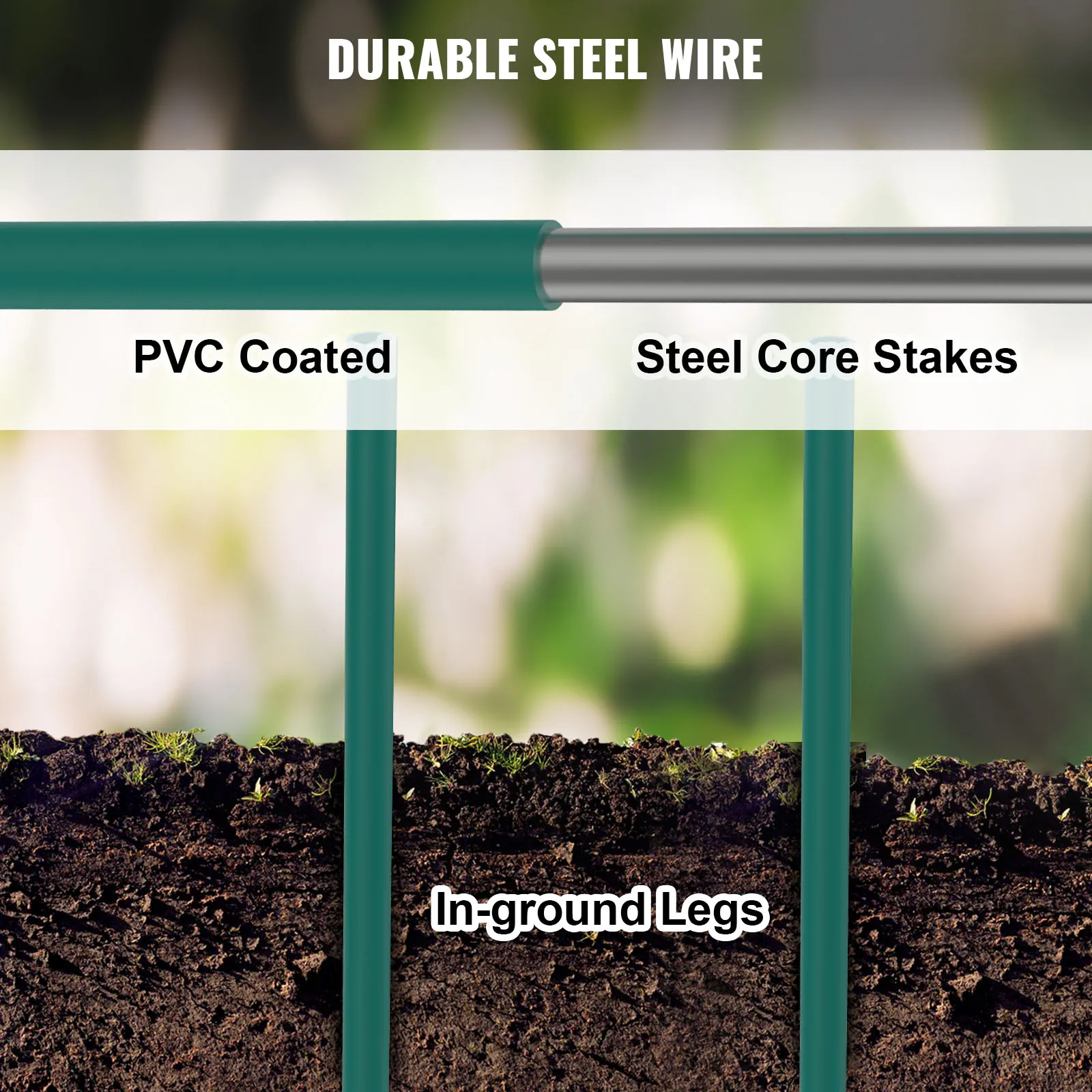 VEVOR tomato cages with durable steel wire and pvc-coated steel core stakes.
