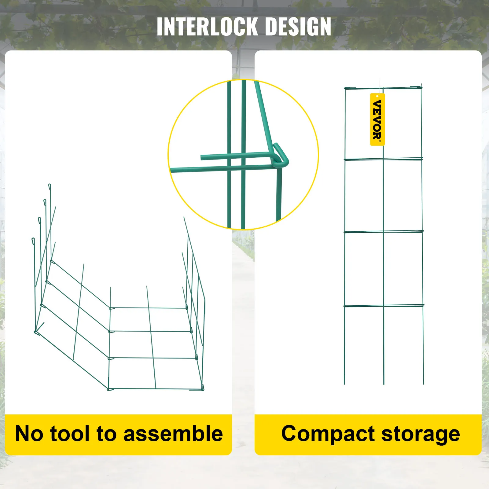 VEVOR tomato cages interlock design, no tools needed, compact storage option.