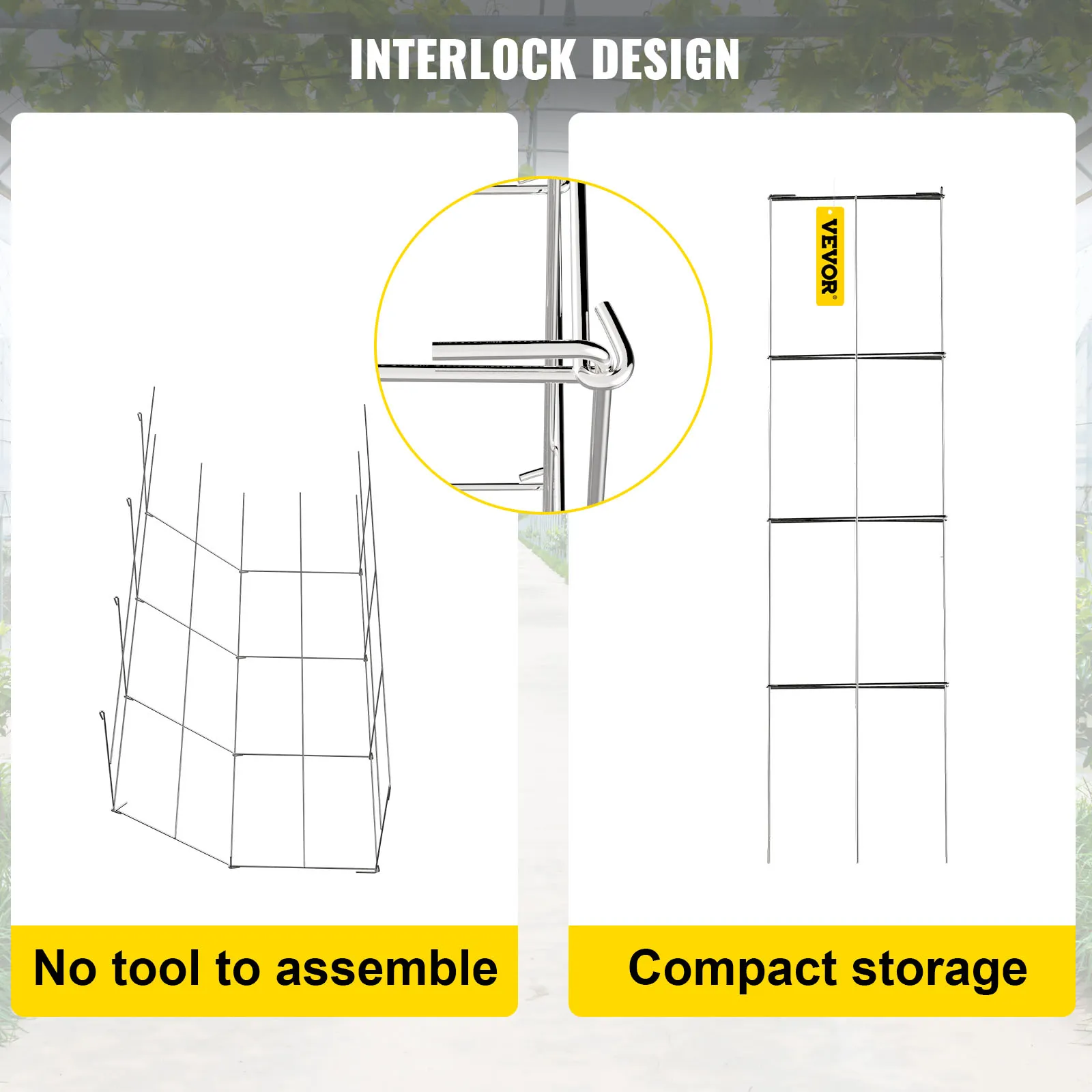 VEVOR tomato cages with interlock design; no tools needed, compact storage solution.