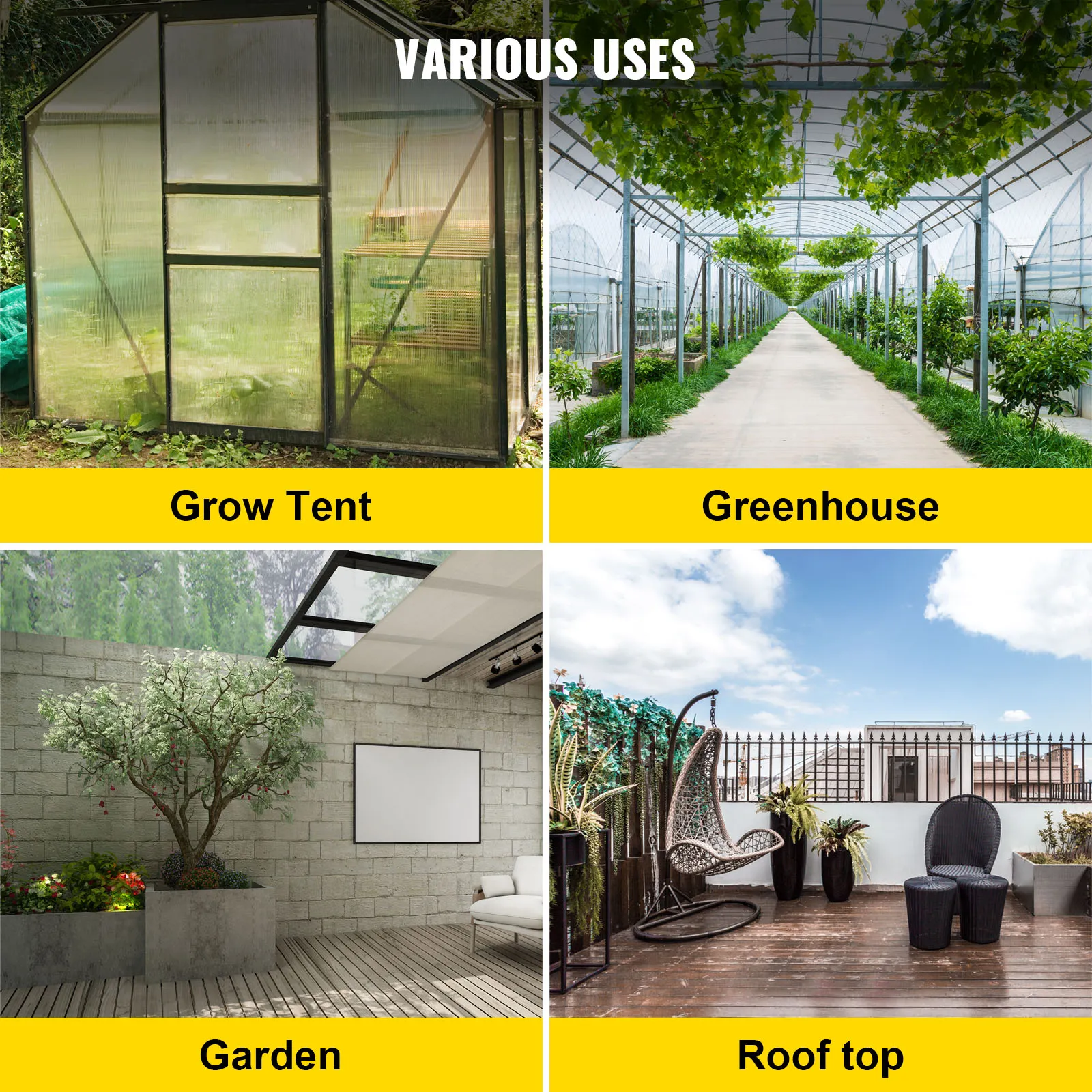 various uses of VEVOR tomato cages: grow tent, greenhouse, garden, and rooftop.
