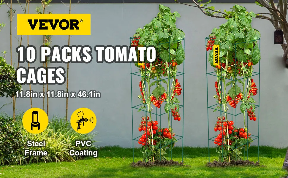 VEVOR tomato cages, steel frame, pvc coating, 10-pack, 11.8in x 11.8in x 46.1in, green.