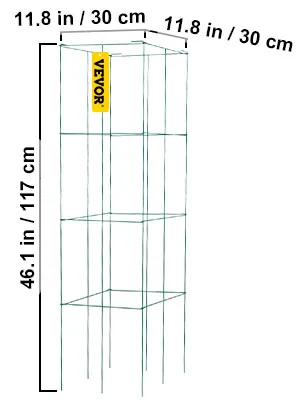 VEVOR tomato cages 46.1in high and 11.8in wide shown with measurement annotations.