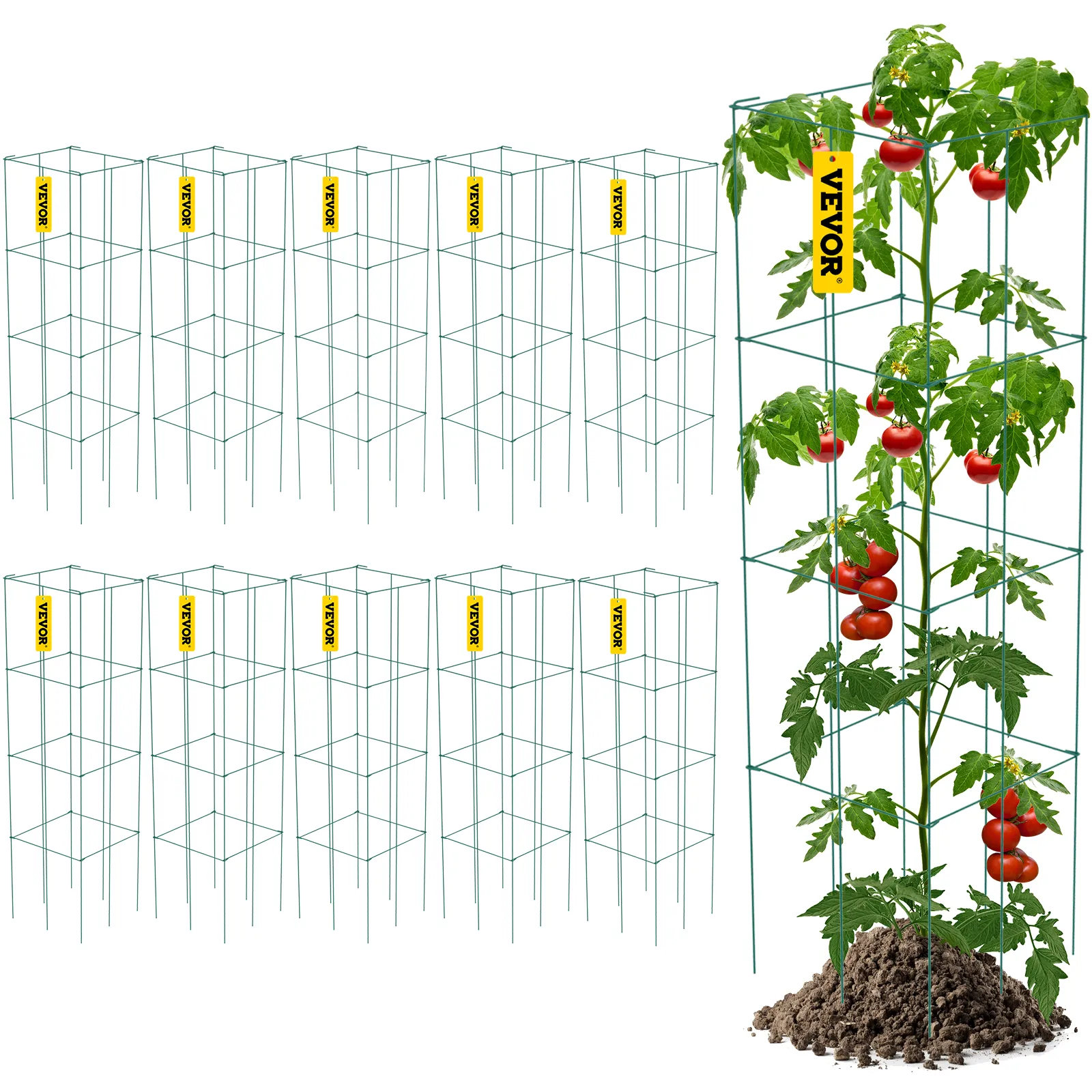 VEVOR tomato cages supporting a tomato plant with lush green leaves and ripe tomatoes.