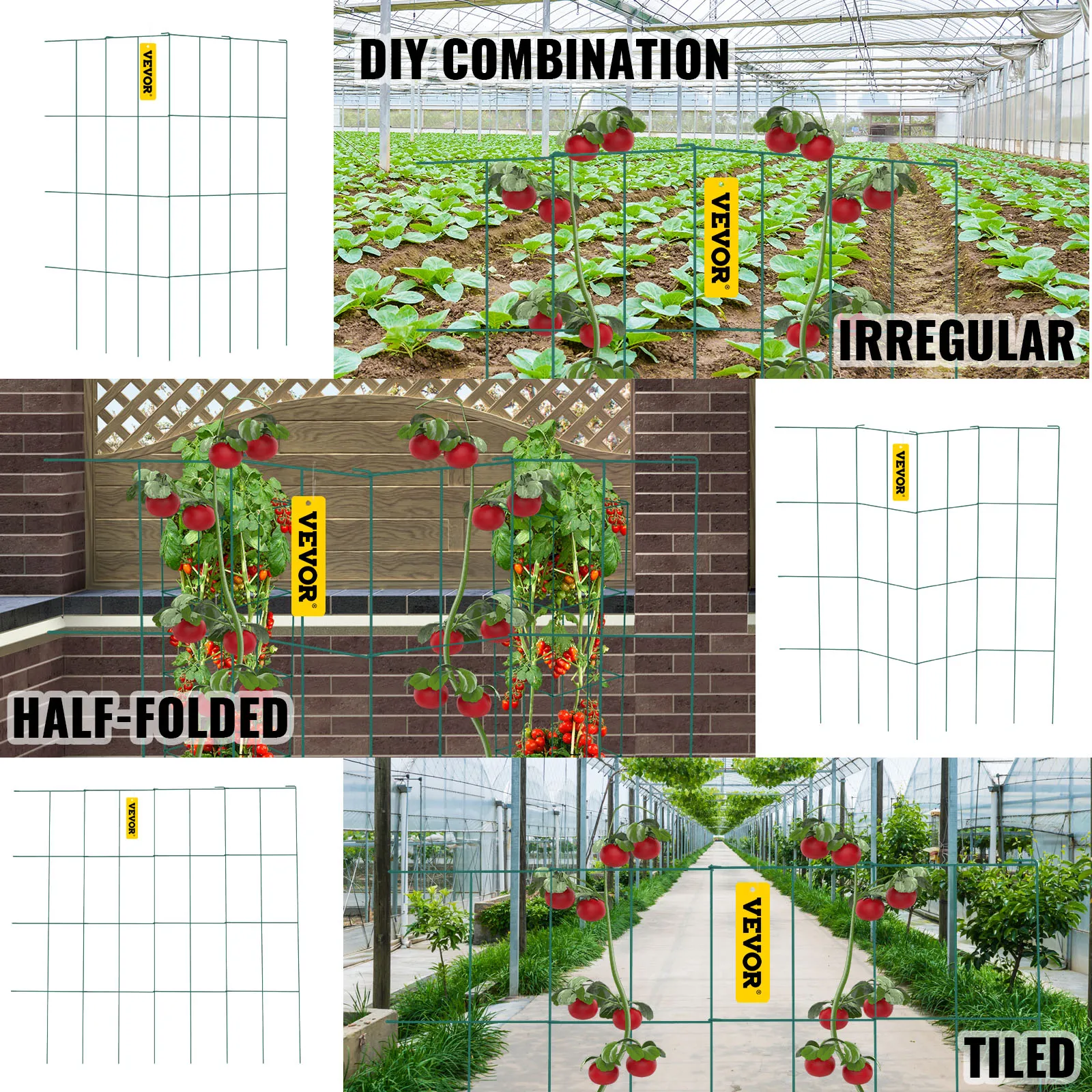 VEVOR tomato cages in various configurations supporting tomato plants in a greenhouse.